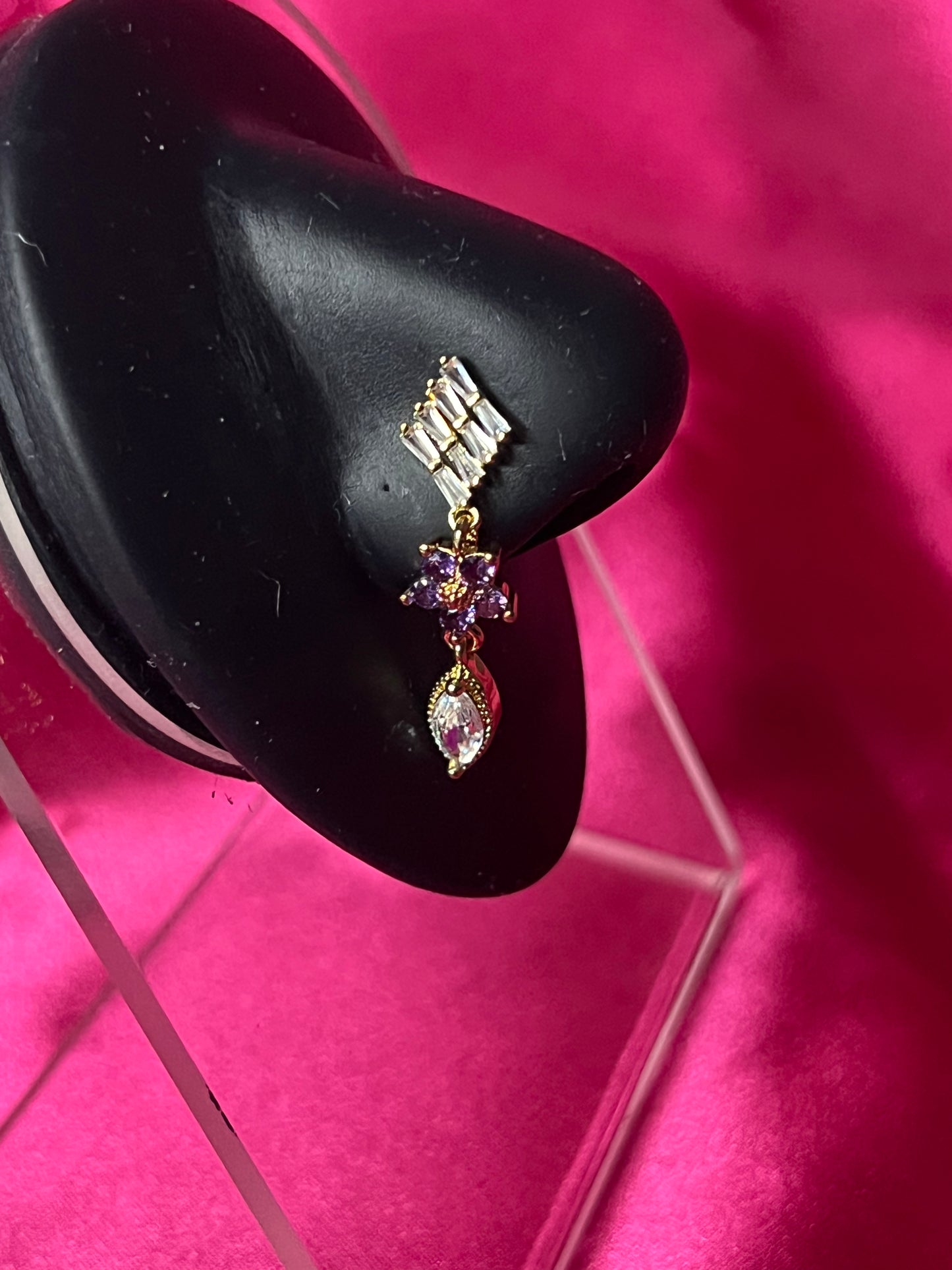 Gold Purple Flower Tear Drop Nose Pin Ring