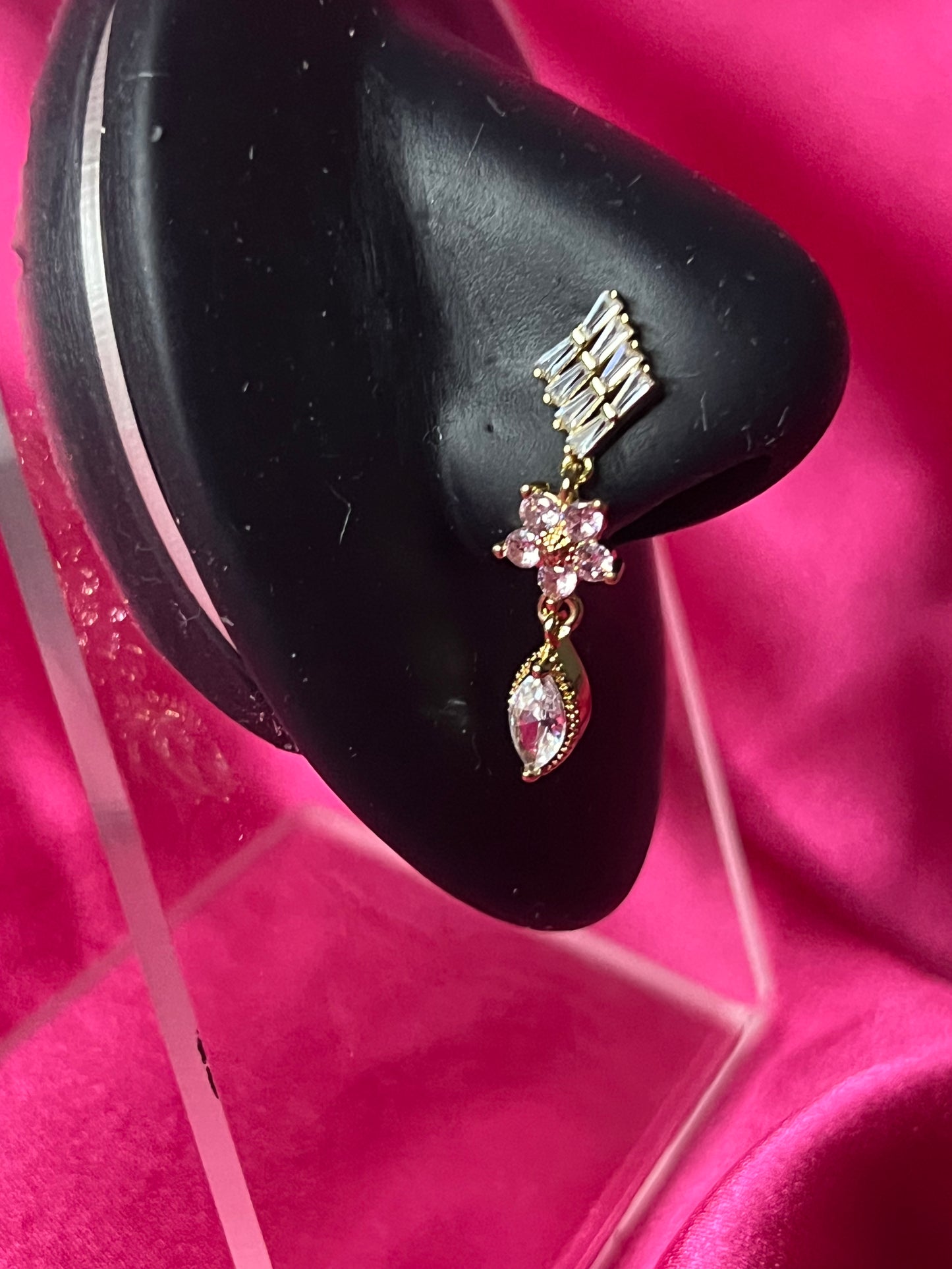 Gold Pink Flower Tear Drop Nose Pin Ring