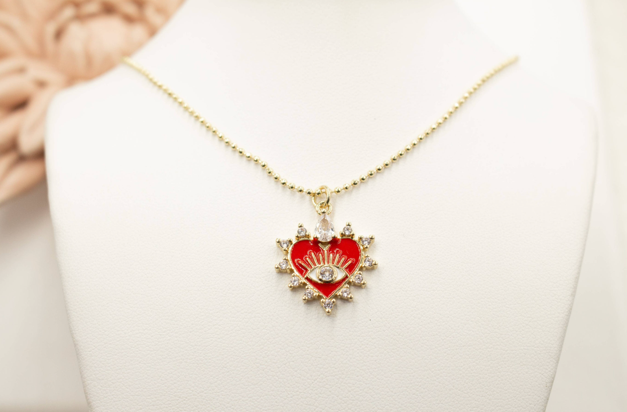Evil Eye Zirconia Heart Charm Necklace