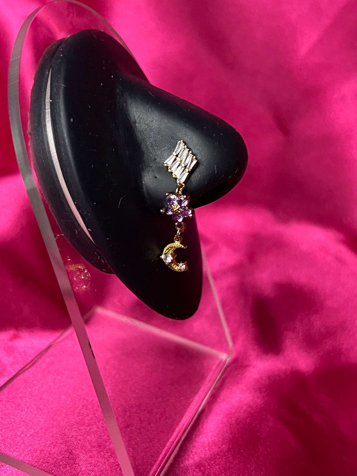 Gold Purple Flower Crescent Moon Nose Pin Ring