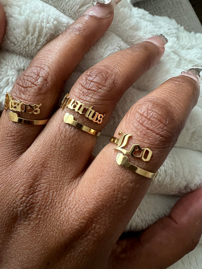 18k Gold plated zodiac ring with heart (Adjustable)