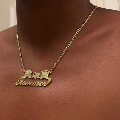 Custom Name Necklace with Butterflies & Heart