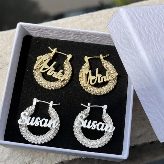 Custom Name Diamond Hoop Earrings (Two Pairs)