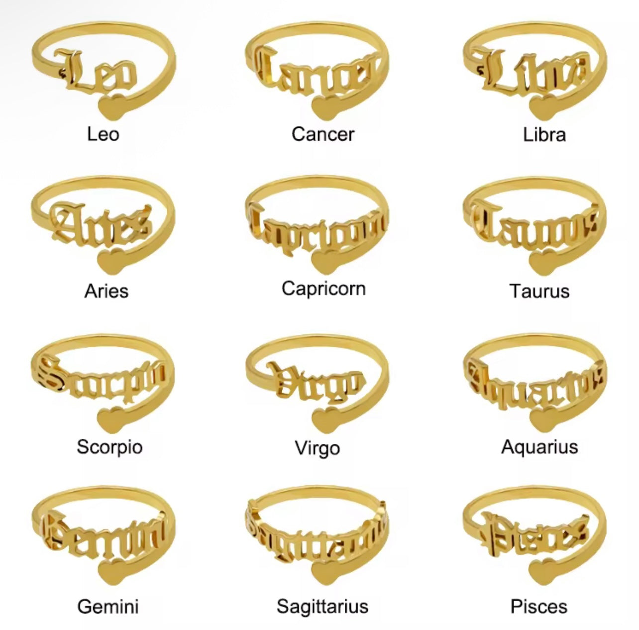 18k Gold plated zodiac ring with heart (Adjustable)