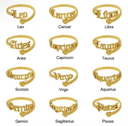 18k Gold plated zodiac ring with heart (Adjustable)