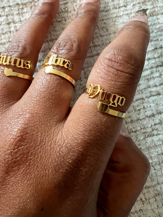 18k Gold plated zodiac ring with heart (Adjustable)