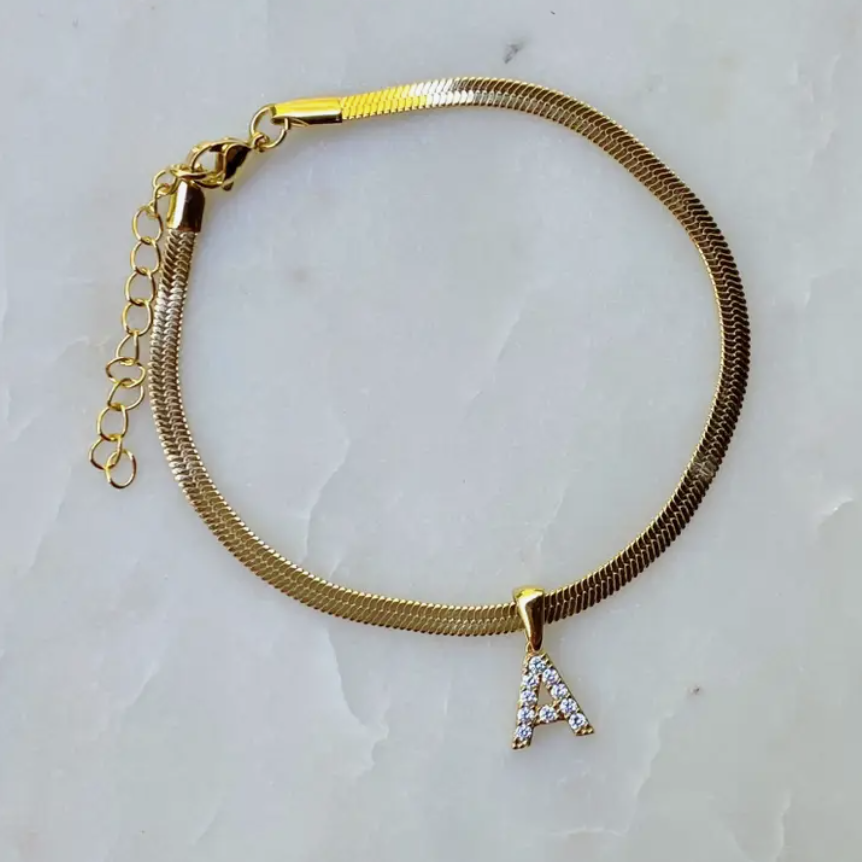 Diamond Initial Anklet with Gold Snake Chain